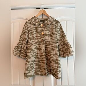 Mac & Jac Women's Blazer Jacket Camouflage Peplum Green Gold Bell Sleeves Size 4